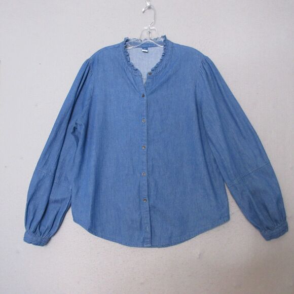 Old Navy Top Women Large Tall Blue Chambray Cotton Button Up Ruffle‎ Collar - Picture 1 of 12